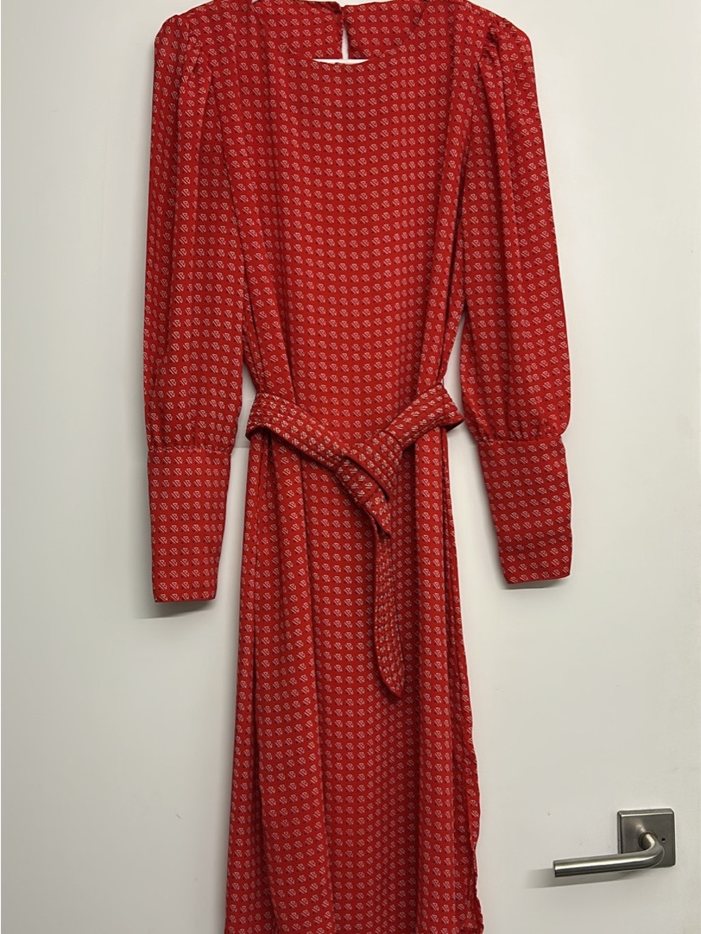 Vintage Red Long-Sleeve Midi Dress with Tie Waist